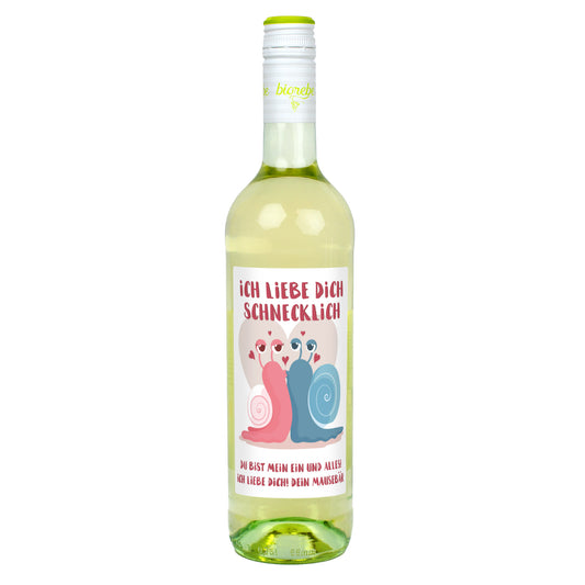 Weißweinflasche mit Etikett „Ich liebe dich schnecklich“, rosa und blaue Schnecke mit Herzchen