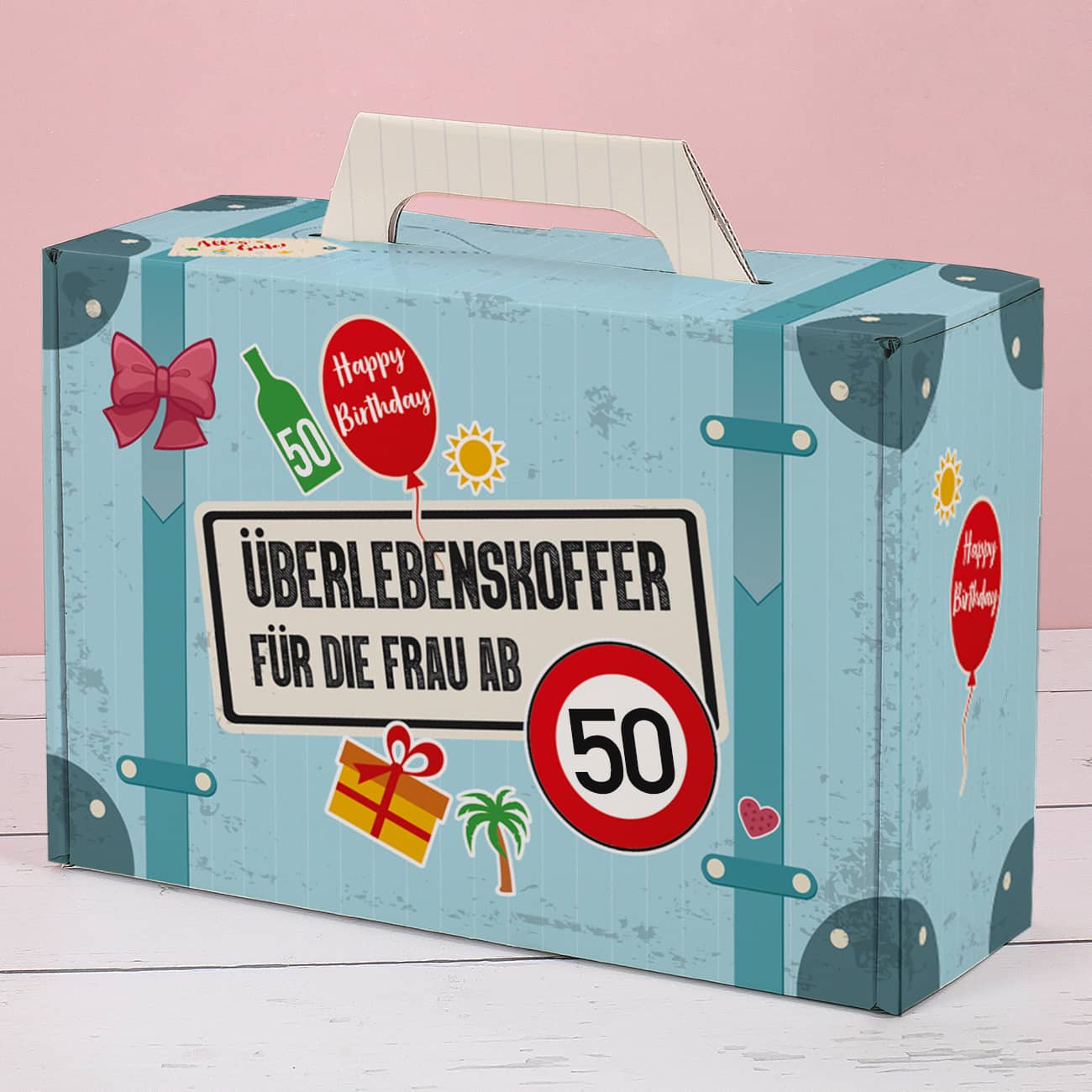 Bedruckter Pappkoffer zum 50.