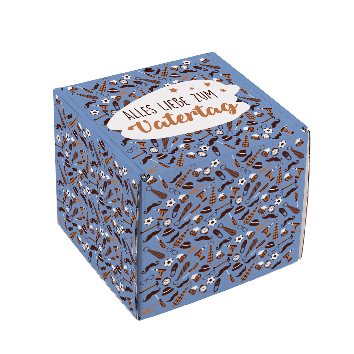 Produktansicht der quadratischen Vatertags-Geschenkbox mit blauem Rundumdruck