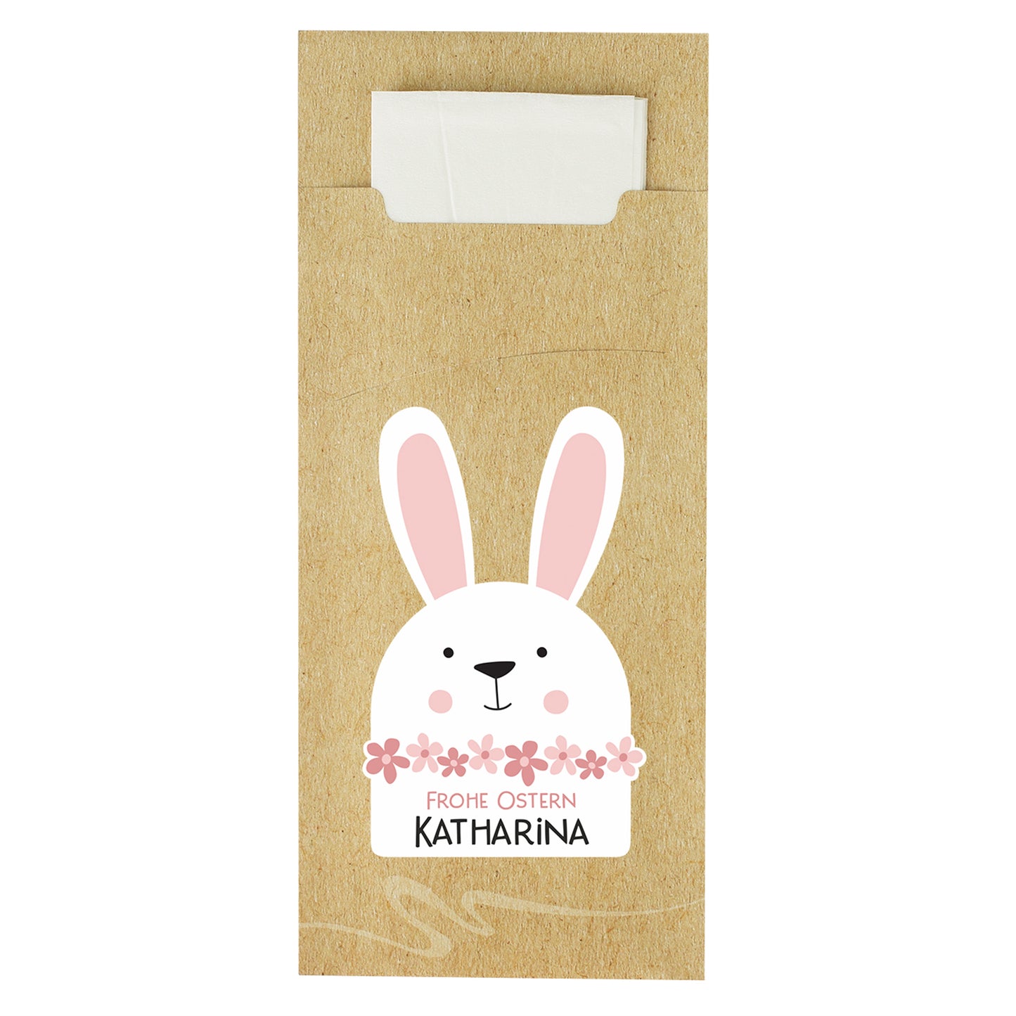 Bestecktasche zu Ostern mit Hasen Motiv und Name Katharina, Produktansicht freigestellt