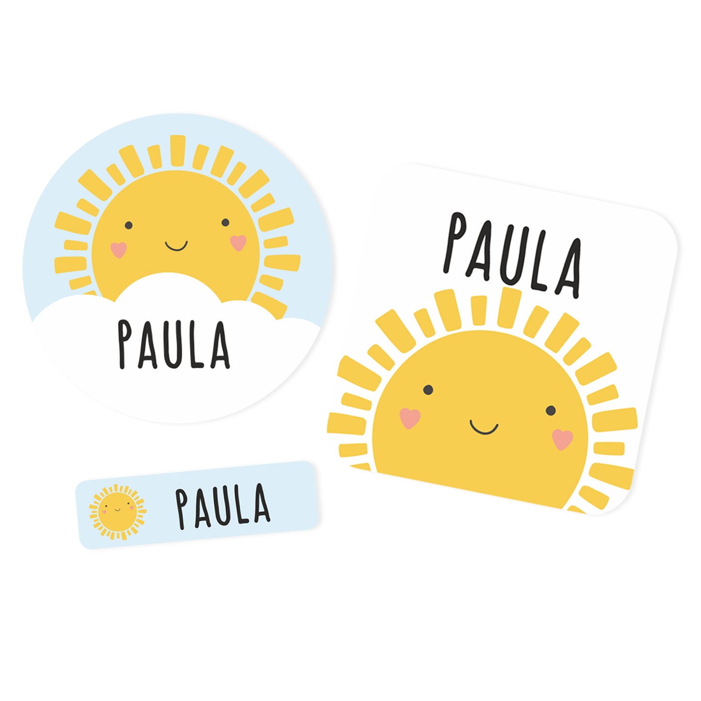Namensaufkleber mit Sonne Motiv und Name personalisiert | 84 Sticker für Kindergarten, Kita & Schule