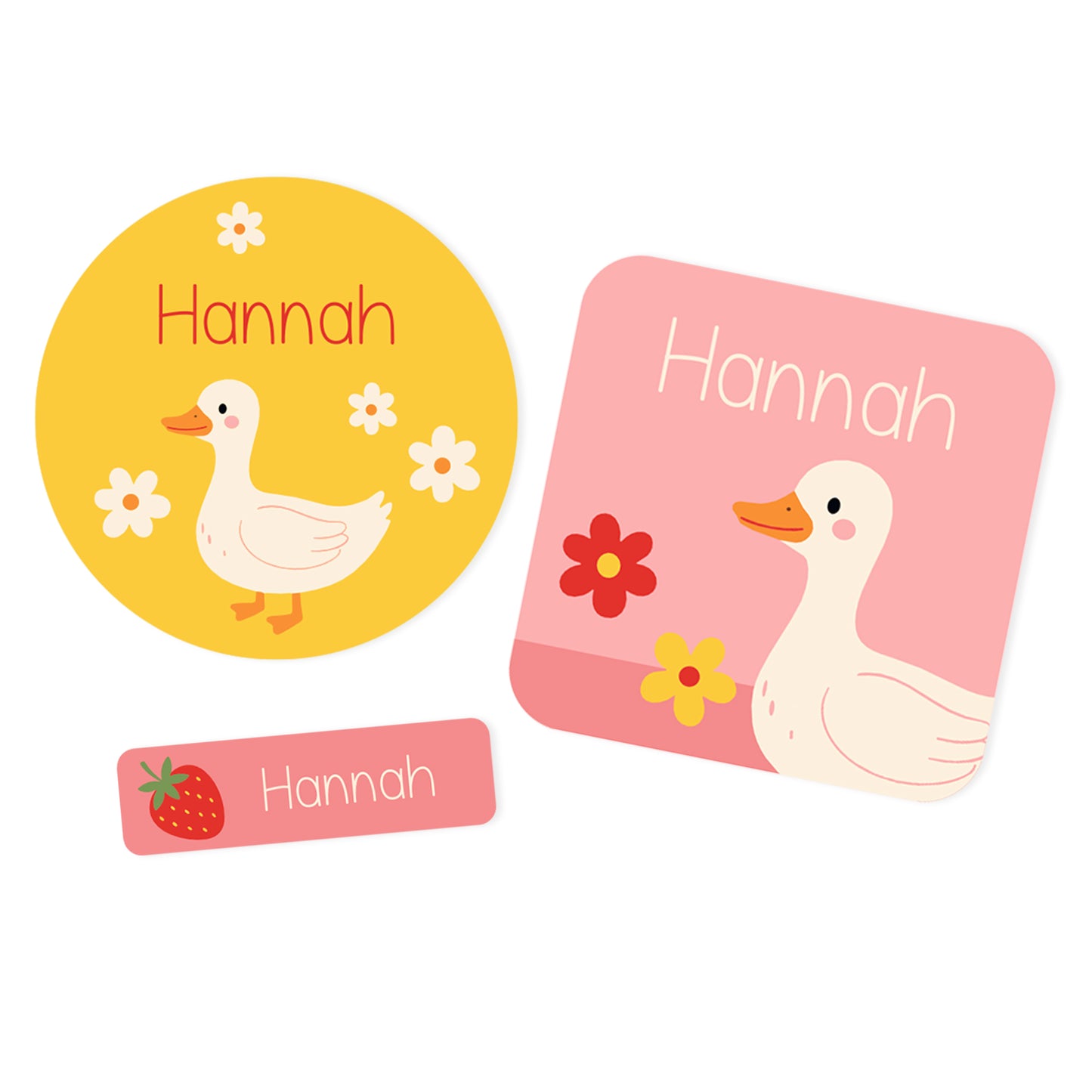 Drei Namensaufkleber Varianten mit Ente Motiv, Erdbeer-Detail und Name Hannah