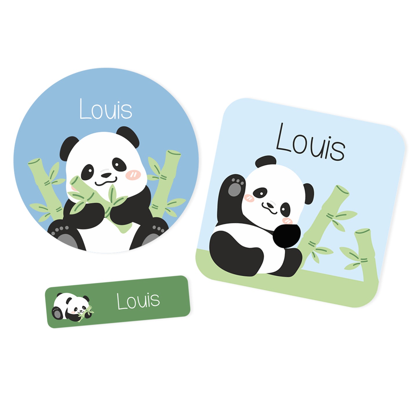 Drei Namensaufkleber Varianten mit Panda Motiv, Bambus und Name Louis
