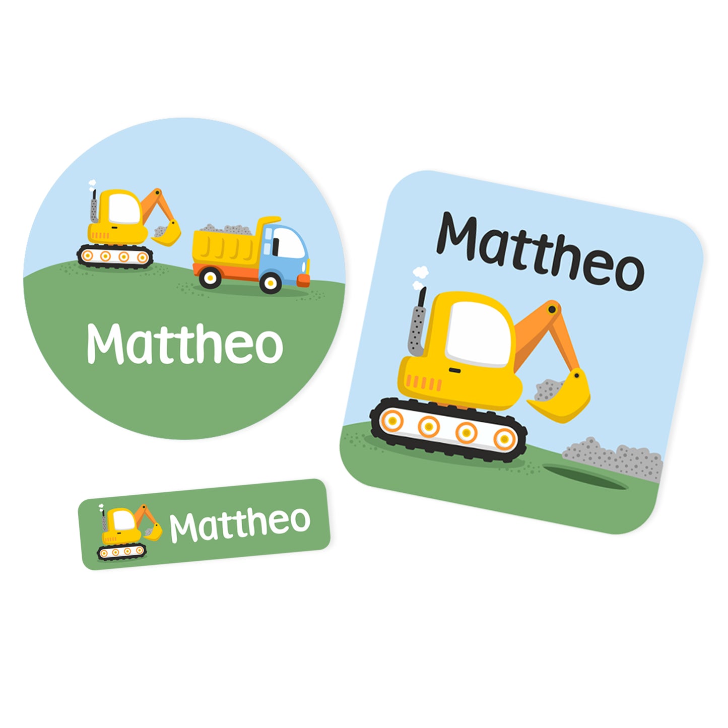 Drei personalisierte Namensaufkleber mit Baustellen Motiv in rund, eckig und schmal mit Name Mattheo