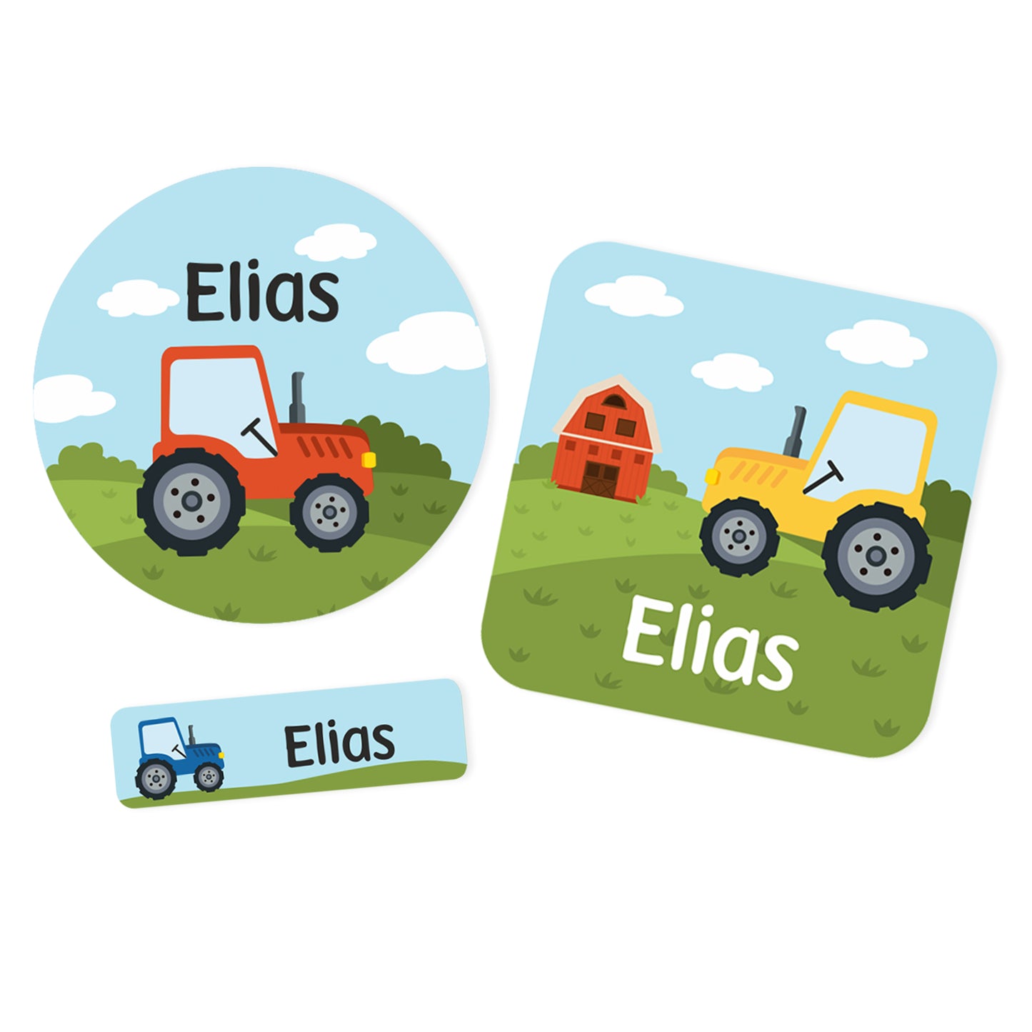 Drei personalisierte Namensaufkleber mit Traktor Motiv in rund, eckig und schmal mit Name Elias