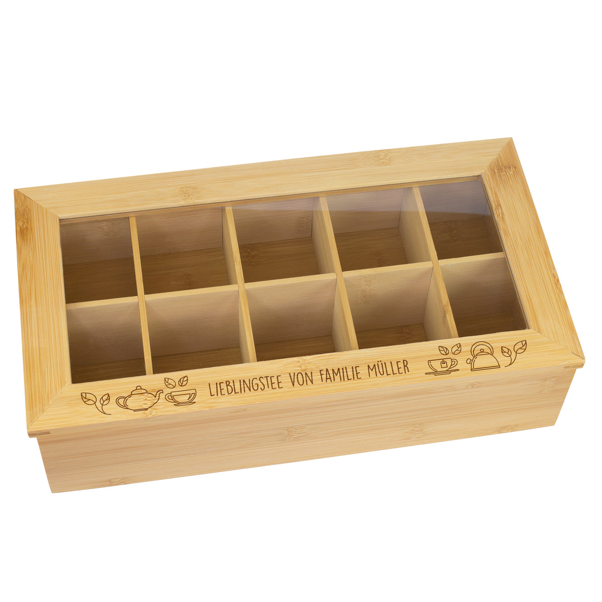 Teebox aus Bambus mit 10 Fächern & Wunschtext graviert | Personalisiertes Geschenk für Teeliebhaber
