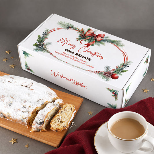 Weihnachtsstollen mit persönlicher Geschenkverpackung bedruckt mit Name und Wunschzeilen