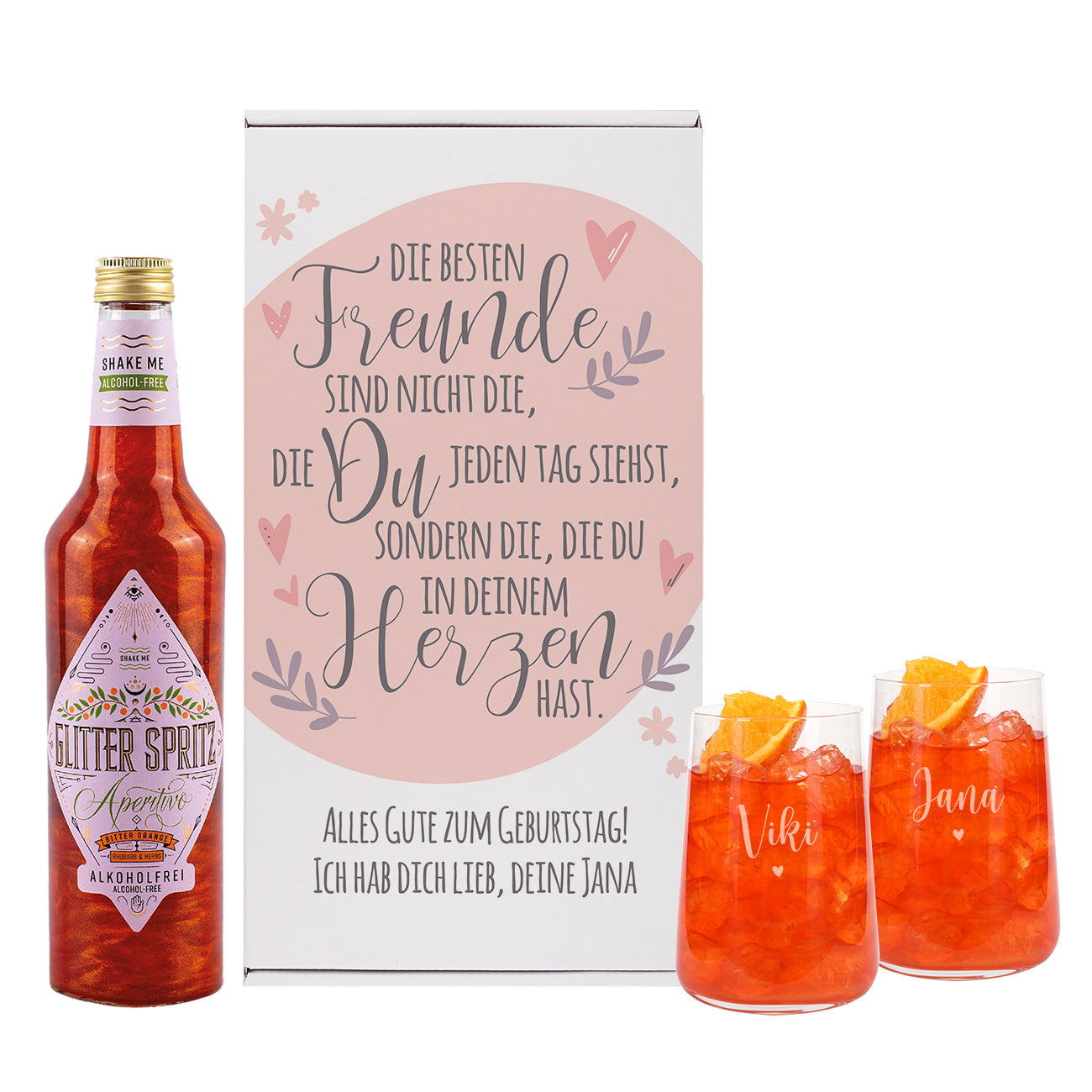 Geschenkset für Freundinnen mit Glitter Spritz oder Campari und zwei Gläsern