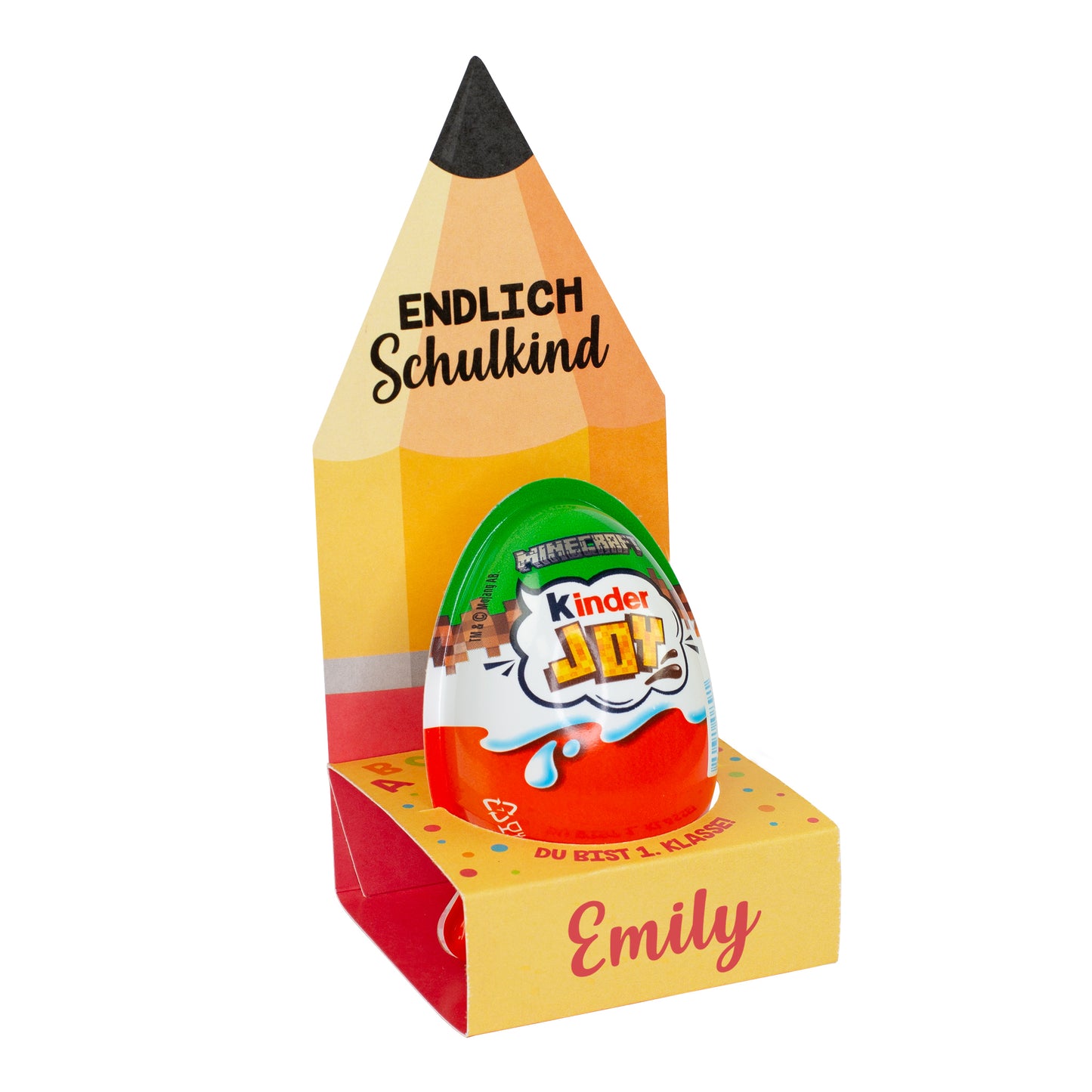Freigestelltes Kinder Joy Geschenk zur Einschulung mit personalisierter Verpackung und Name Emily