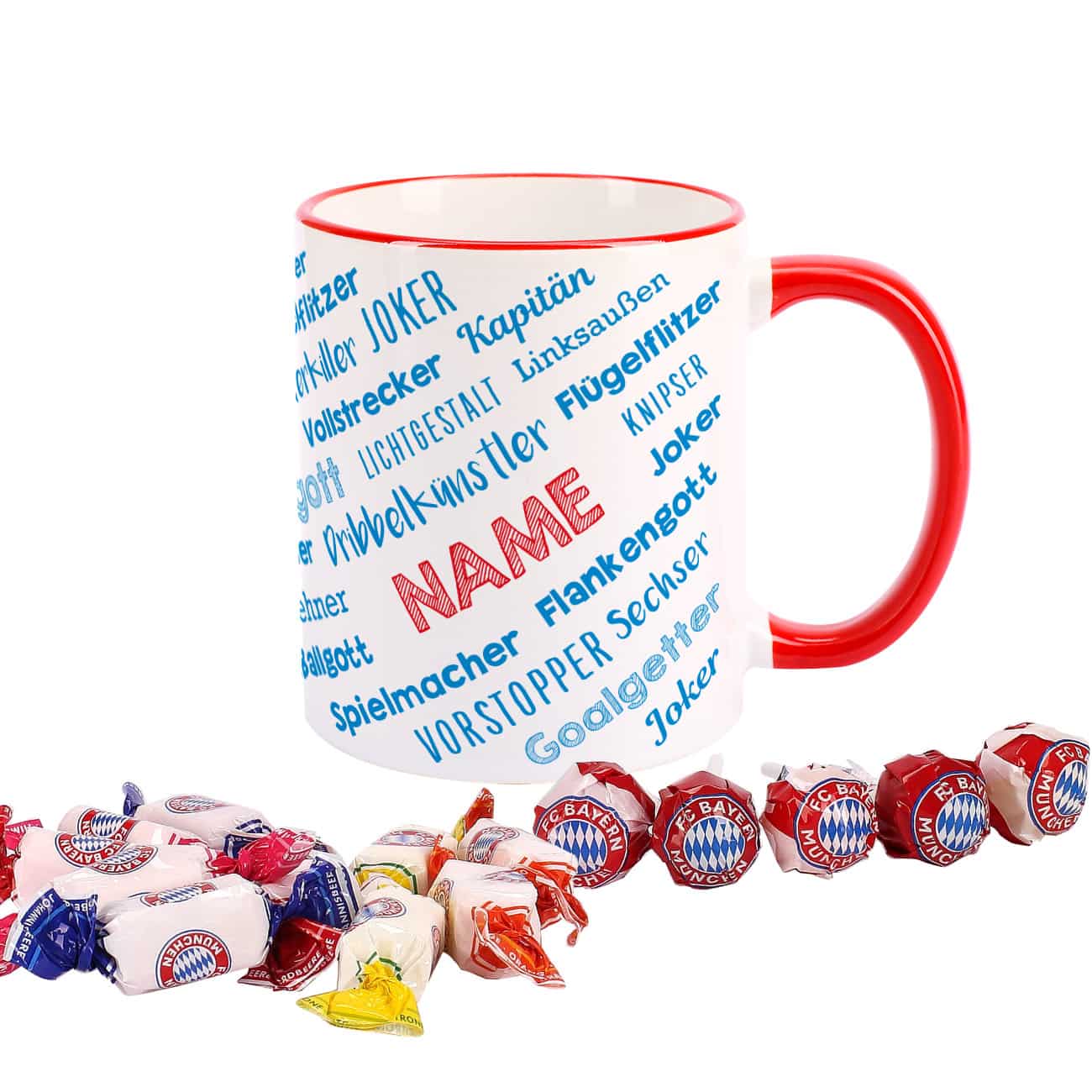 Tasse mit Namensaufdruck und Süßigkeitenfüllung