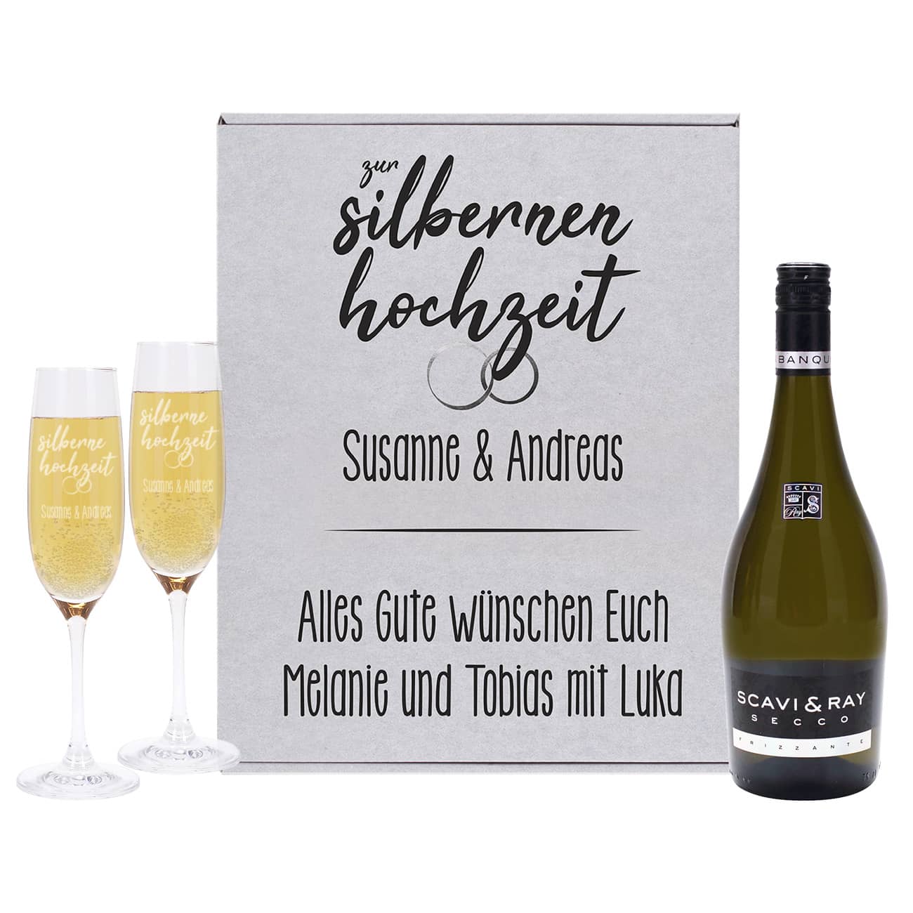 Silberhochzeits-Secco und zwei gravierte Sektgläser in einer Box