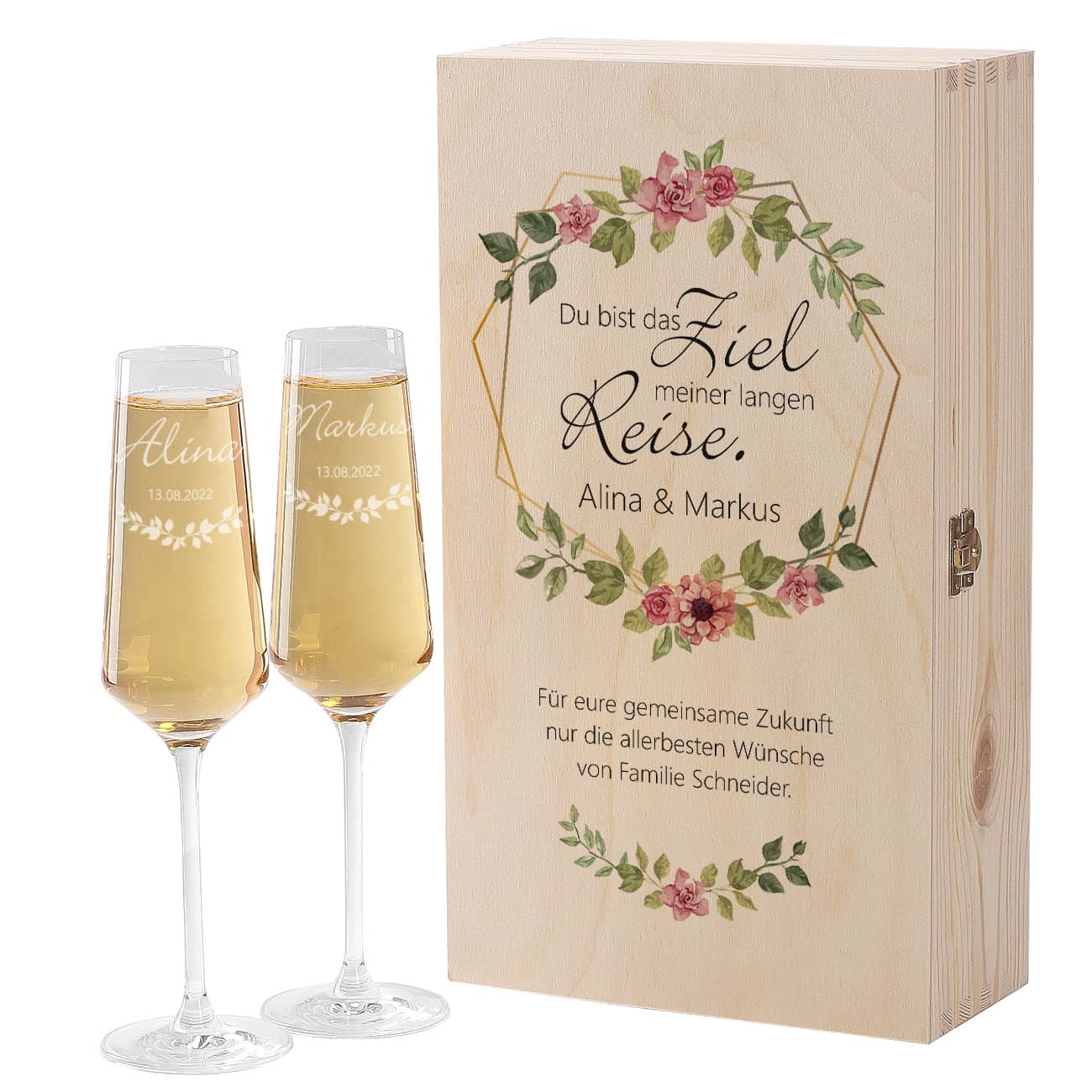 Geschenkset mit Holzbox und zwei Sektgläsern zur Hochzeit