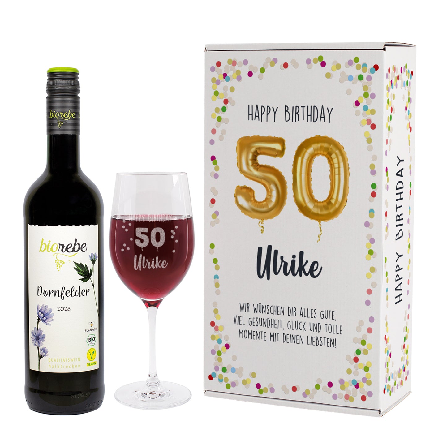 Set aus Biorebe Dornfelder, graviertem Leonardo-Weinglas „Happy Birthday 50 Ulrike“ und Geburtstagsbox mit Konfetti-Design und goldenen Ballon-Zahlen.