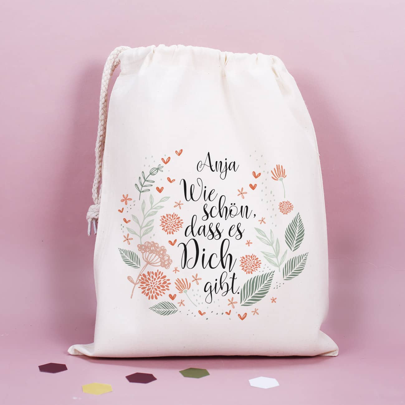 Beutel mit Zuziehkordel aus 100% Baumwolle mit Name personalisiert