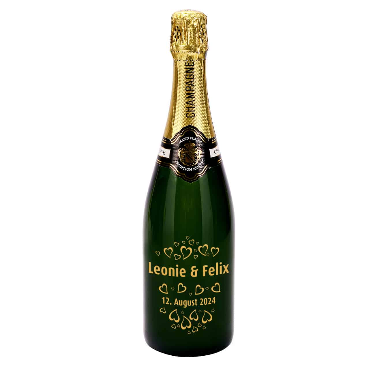 Champagnerflasche mit Gravur zur Hochzeit mit Herzen, Namen und Datum