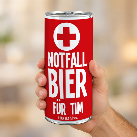 Notfall Bierdose mit Wunschnamen und 1 Liter Bier
