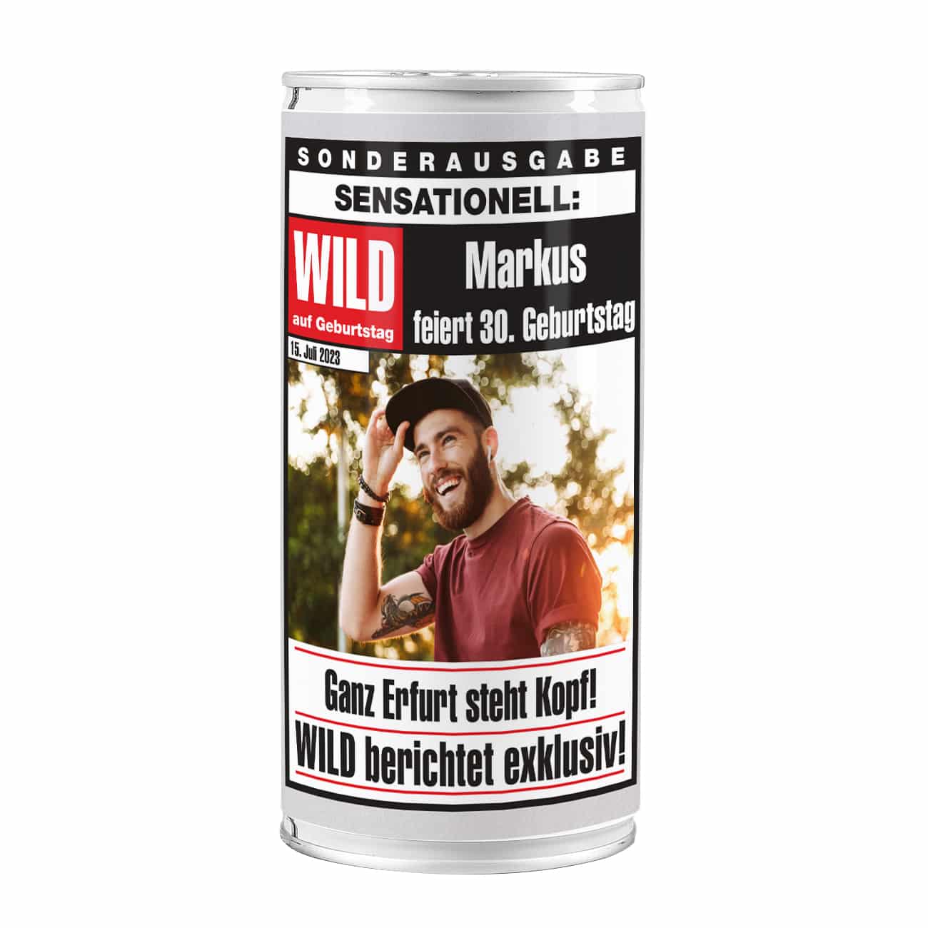 Große Bierdose als Geburtstagsgeschenk mit Fotoaufdruck
