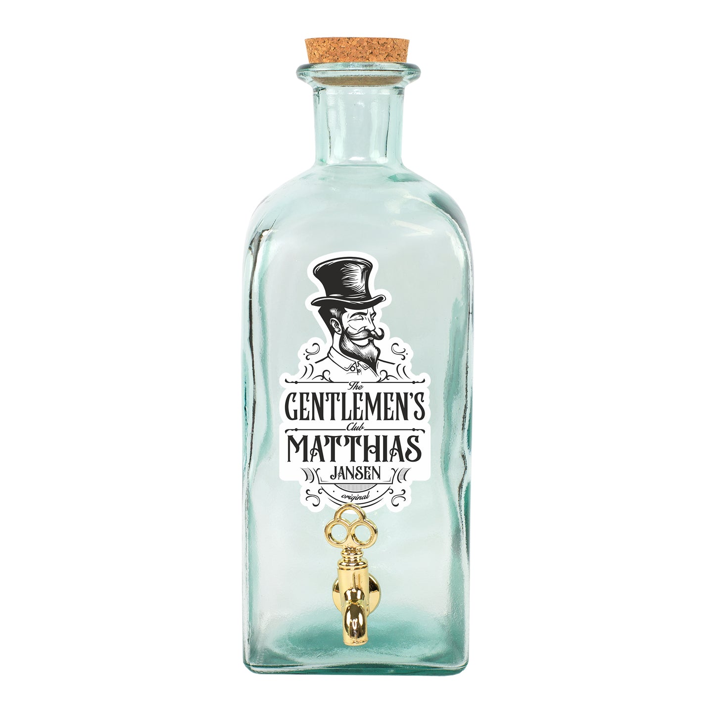 2L Glas Getränkespender mit Korken, Zapfhahn und personalisiertem Gentlemens Club Aufdruck
