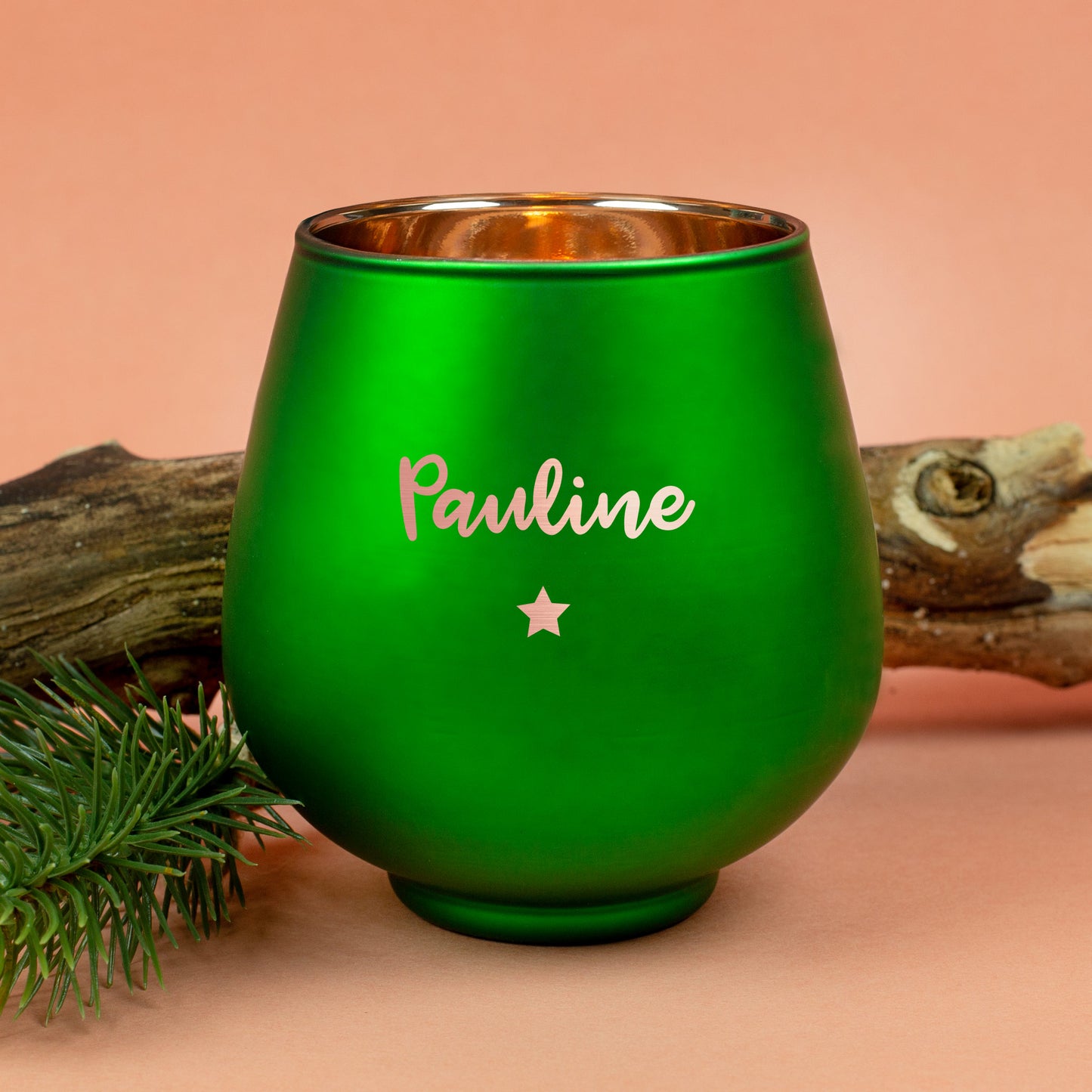 Personalisiertes Windlicht zu Weihnachten graviert mit Name & Sternmotiv in Rot oder Grün