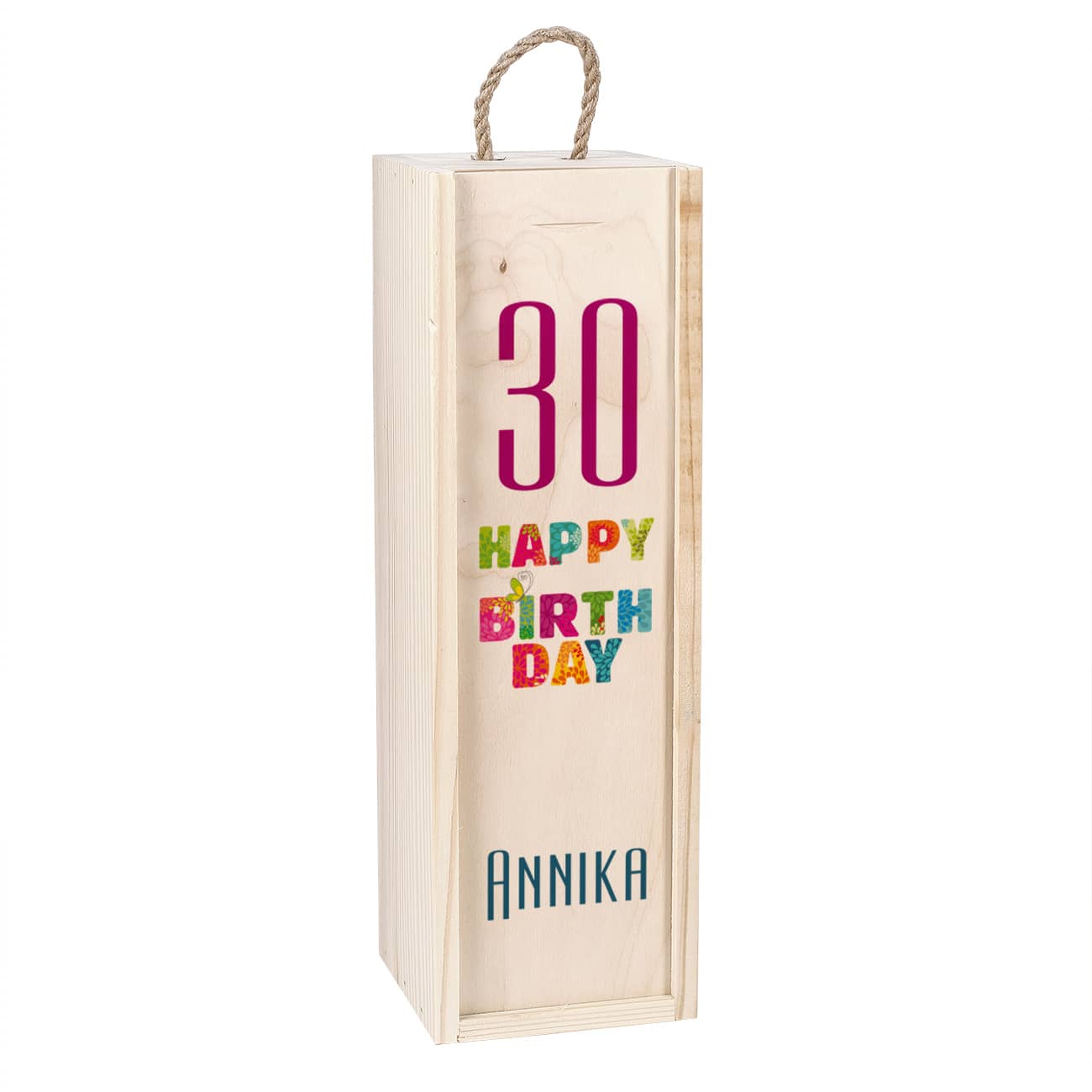 Flaschenverpackung aus Holz mit Name und Alter zum Geburtstag