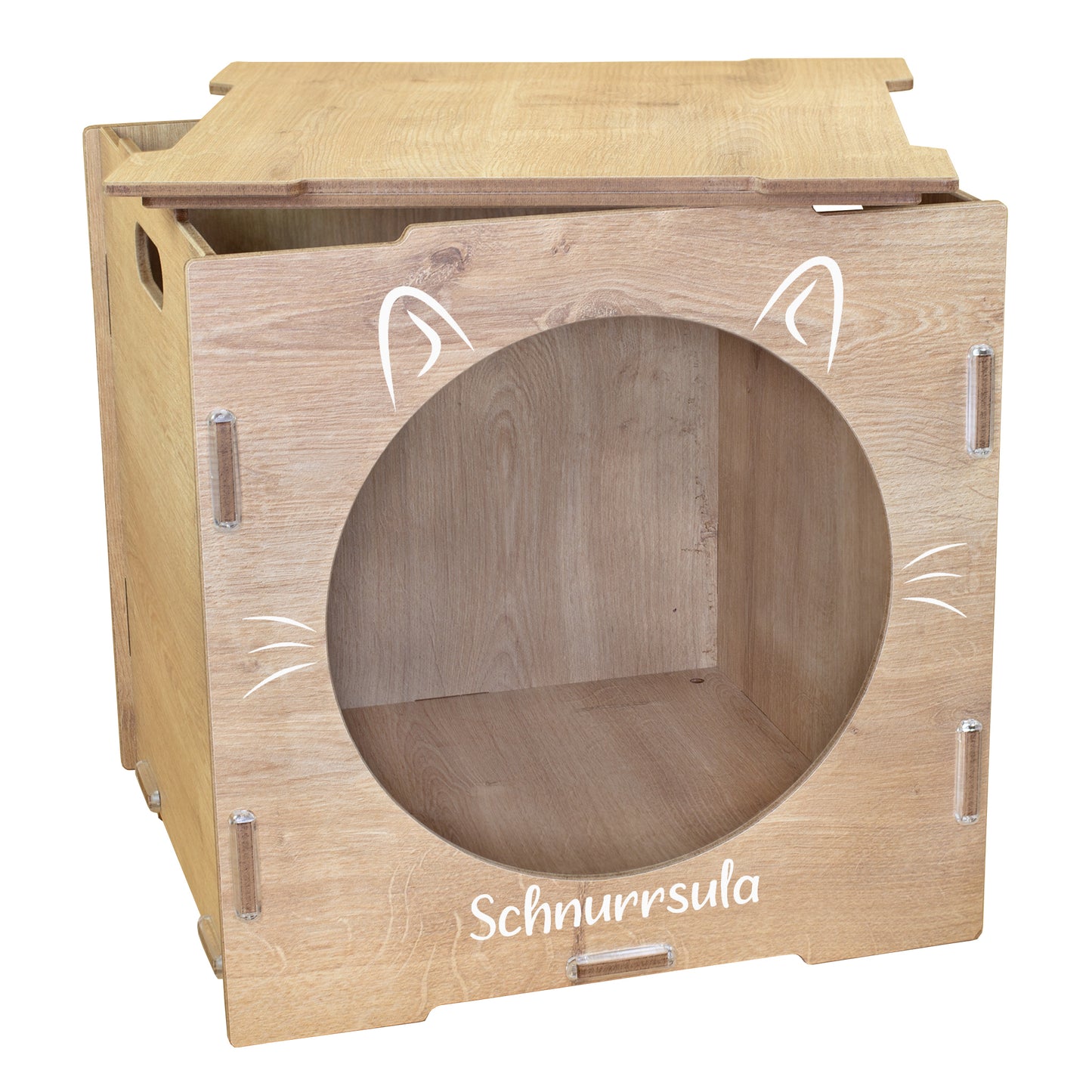 Katzenhaus in Holzoptik mit Katzenohren Motiv und Name Schnurrsula freigestellt