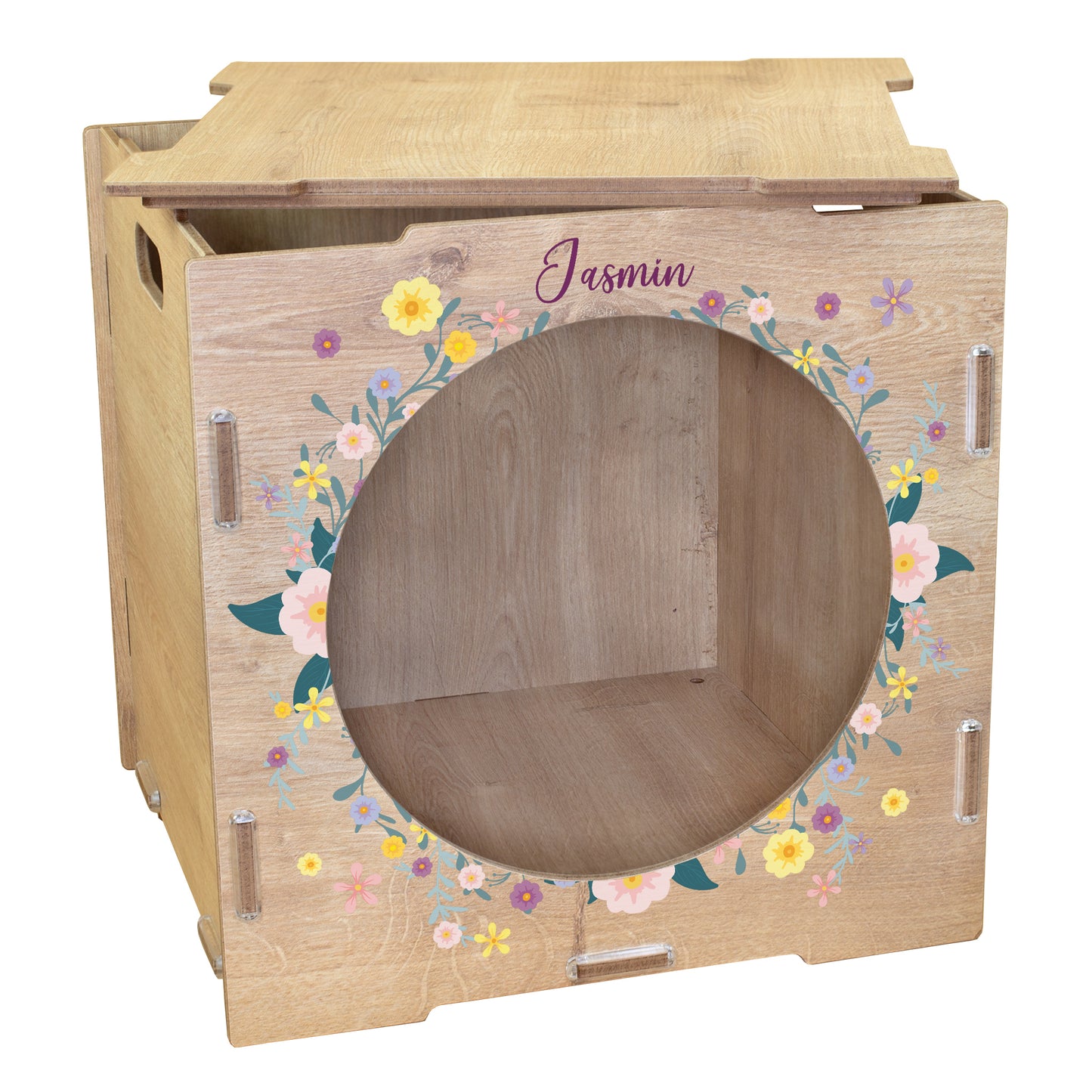 Regaleinsatz in Eiche-Optik mit Blumenkranz, Name Jasmin und großer runder Öffnung