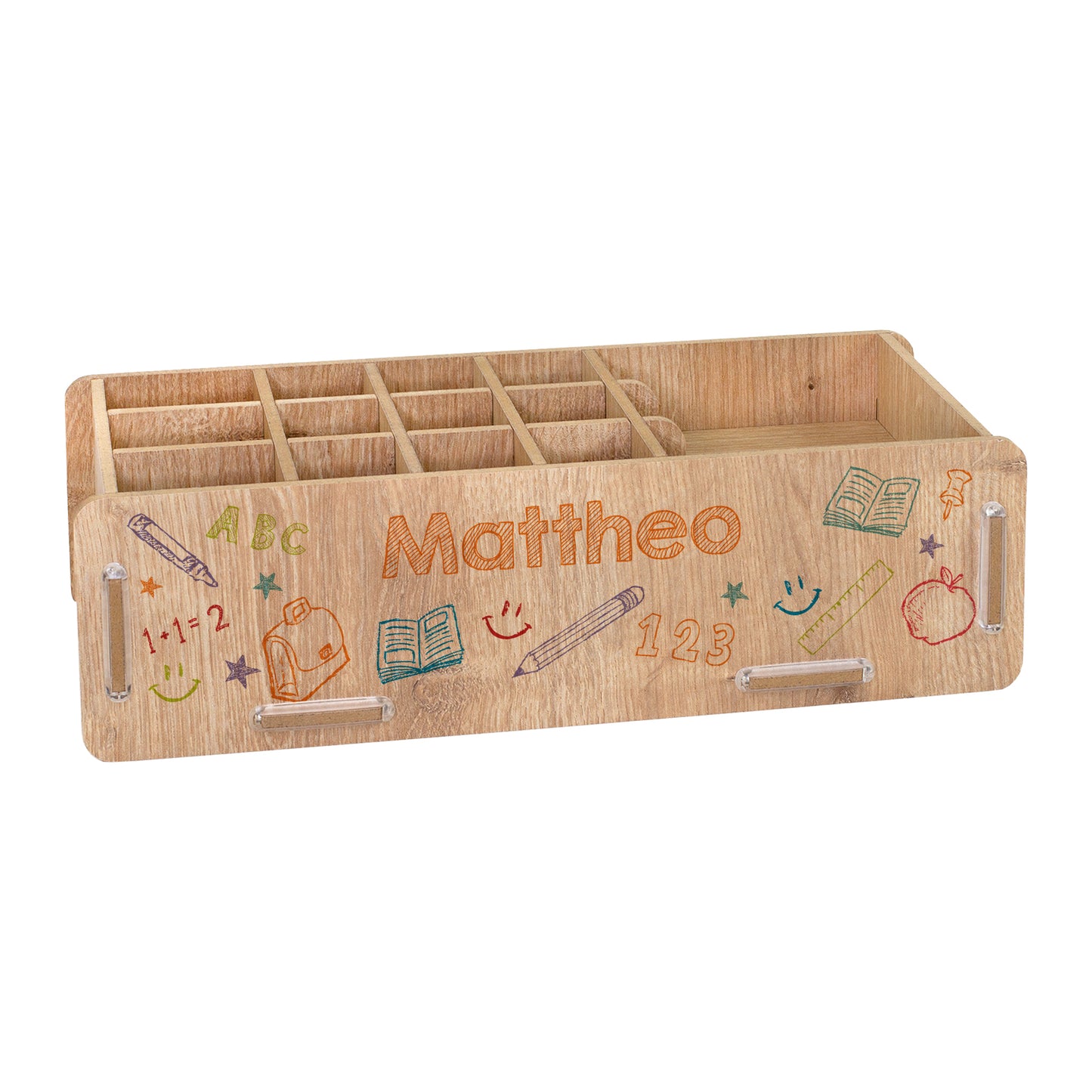 Personalisierte Stiftebox in Holzoptik mit Name Mattheo und Schulmotiven freigestellt