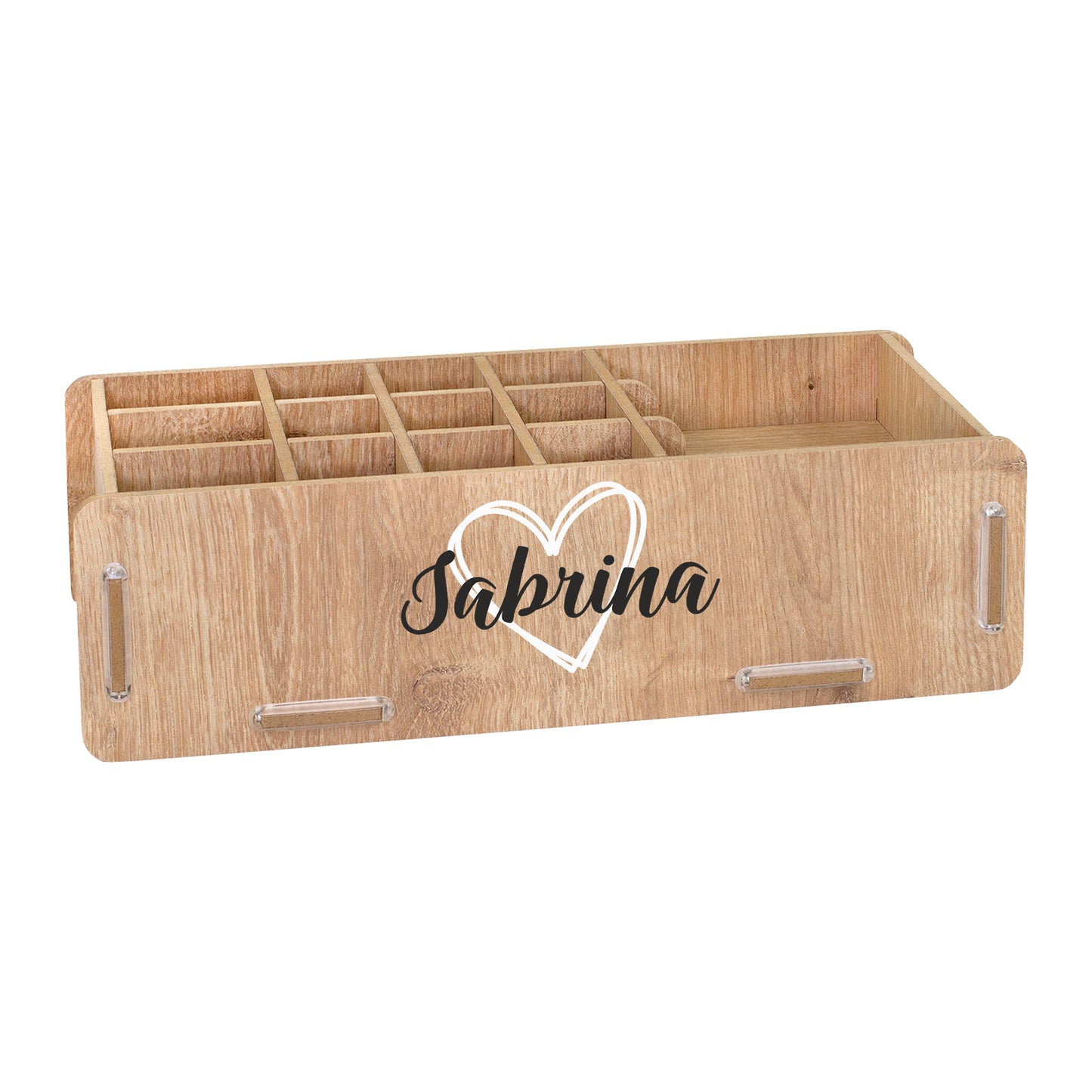 Freigestellter Make-up Organizer in Eiche-Optik mit personalisiertem Namen Sabrina und 16 Fächern