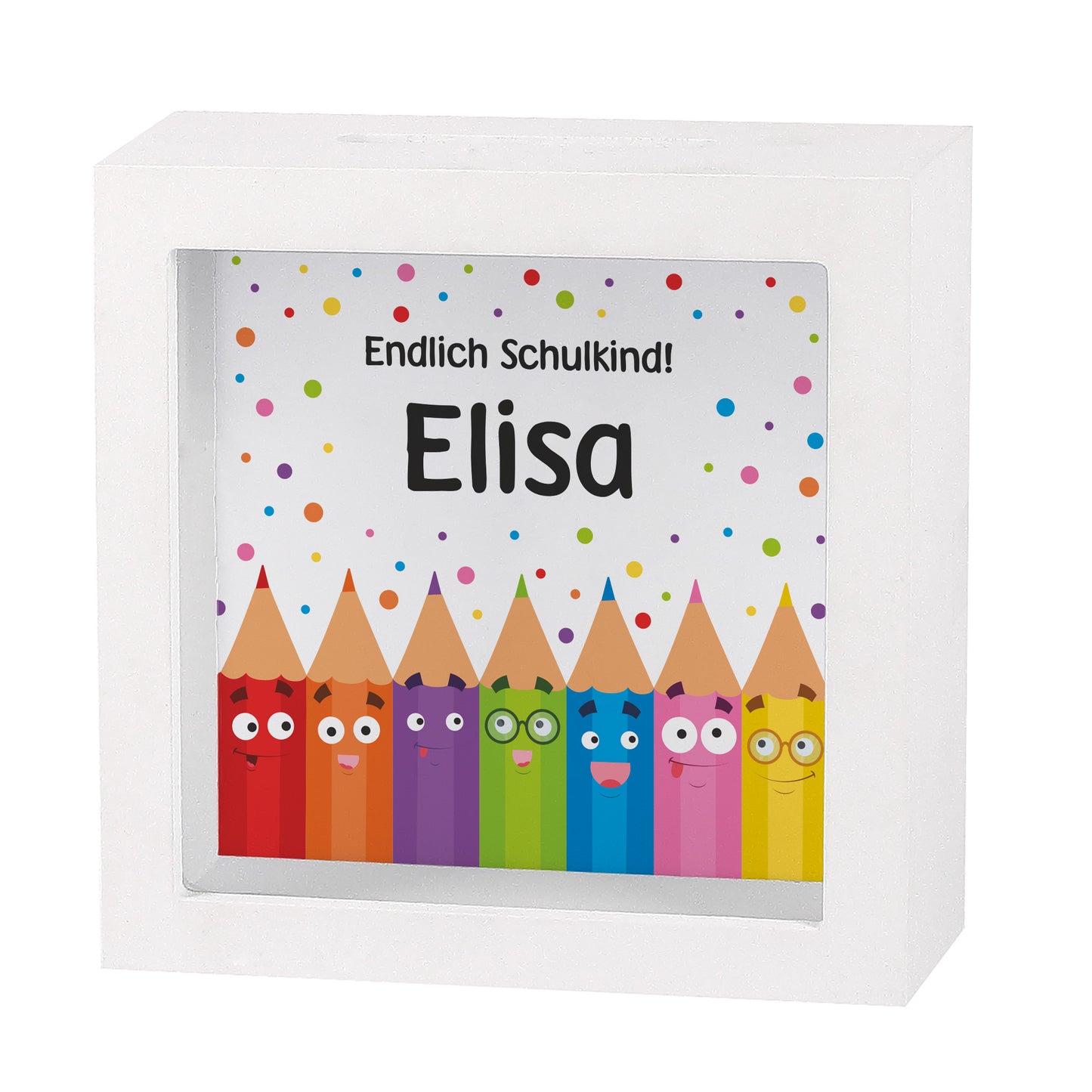 Freigestellte Einschulungs-Spardose mit Name Elisa und buntem Stiftemotiv auf weißem Hintergrund