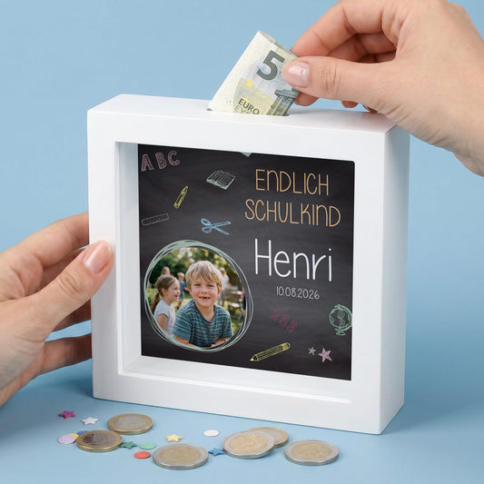 Bilderrahmen Spardose zur Einschulung für ein persönliches Geldgeschenk mit Foto und Wunschdaten
