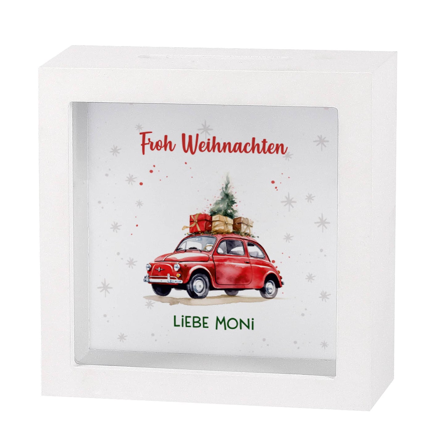 Santa`s Fuhrpark - weihnachtliche Bilderrahmenspardose mit Wunschtext