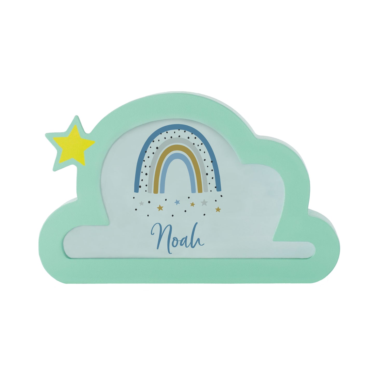 Spardose Wolke mit blauem Regenbogen und Name Noah, aus Holz, personalisierbar für Jungen