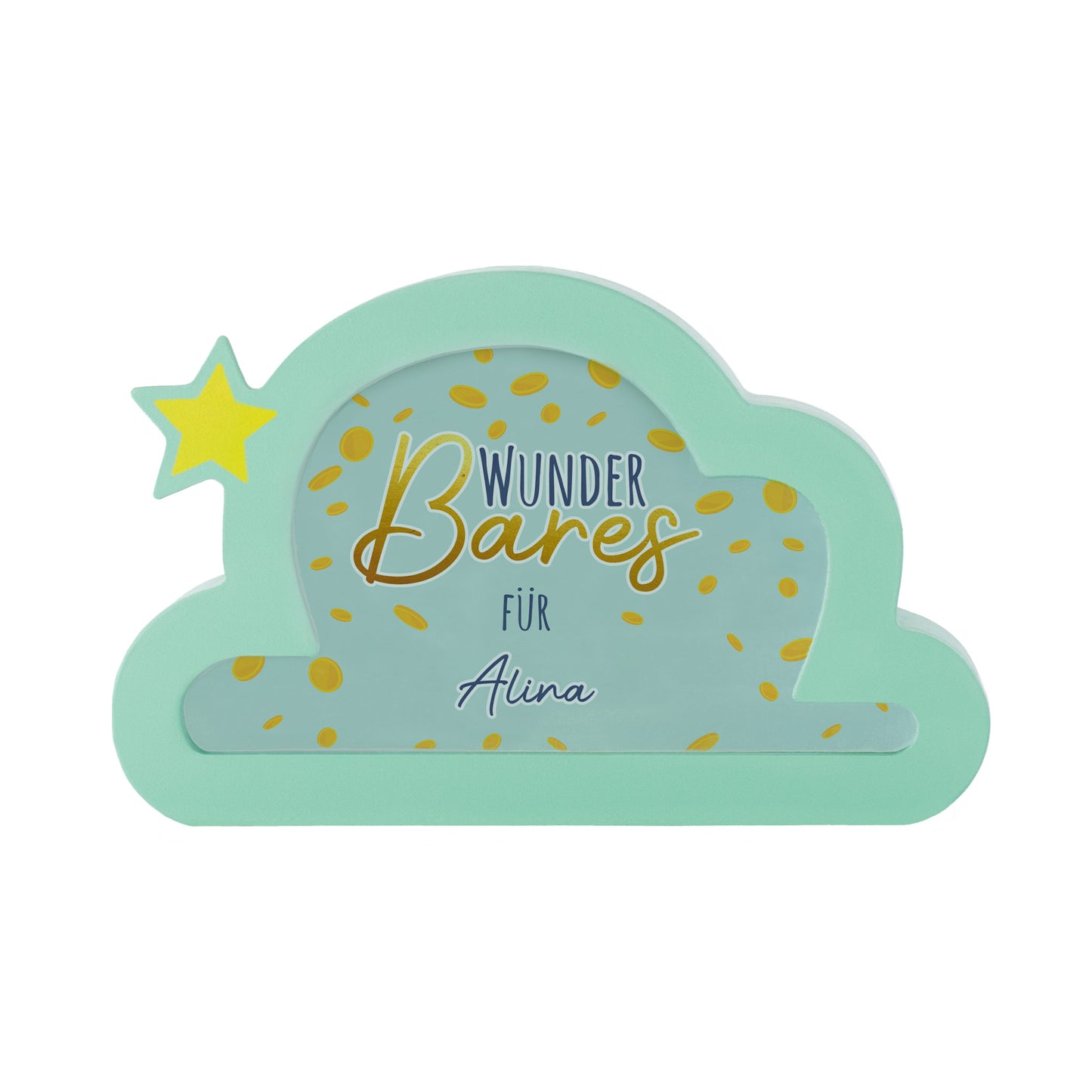 Spardose in Wolkenform, personalisiert mit dem Namen Alina und dem Spruch „Wunder Bares für“
