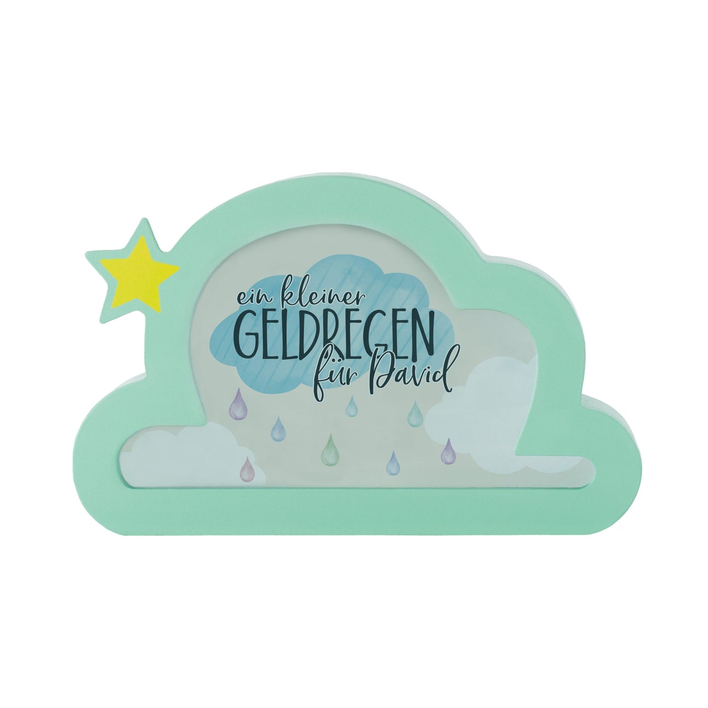 Spardose in Wolkenform mit gelbem Stern und Spruch "ein kleiner Geldregen für Name" auf weißem Hintergrund.
