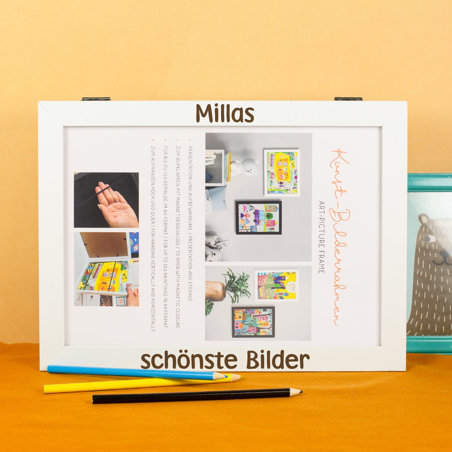 Personalisierter Bilderrahmen für Kinderbilder mit Aufbewahrungsfach | DIN A4 Holzrahmen weiß