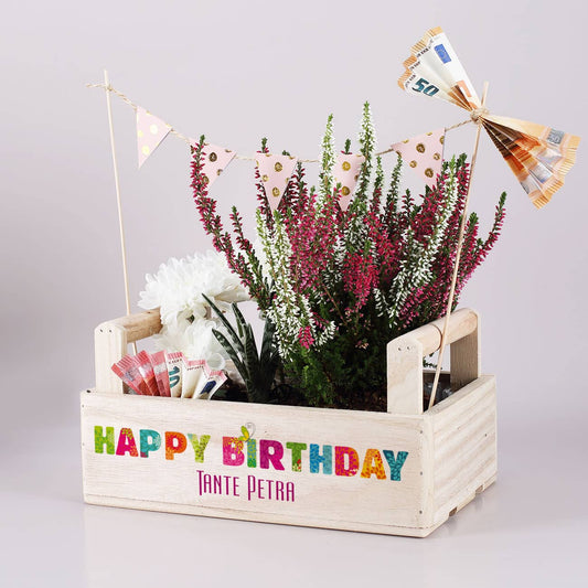 Happy Birthday - Pflanzkiste mit 2 Griffen und Name