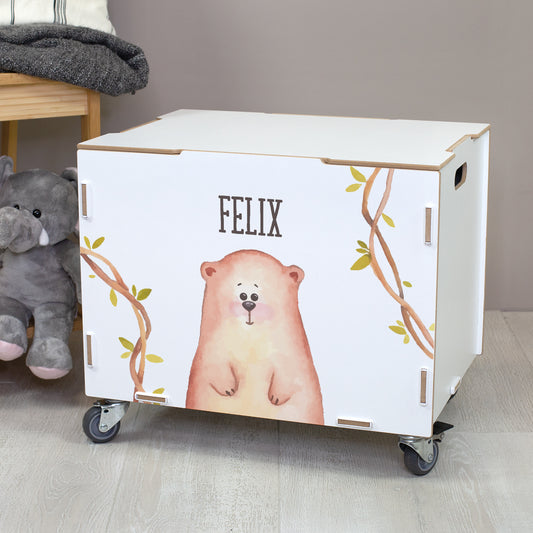 Personalisierte Rollbox aus Holz mit Bären-Motiv von clipfritz | Spielzeugkiste für Kinder mit Name