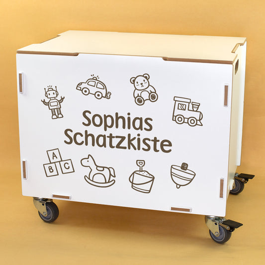 Personalisierte Rollbox aus Holz von clipfritz | Aufbewahrungsbox mit Spielzeugmotiv & Wunschtext
