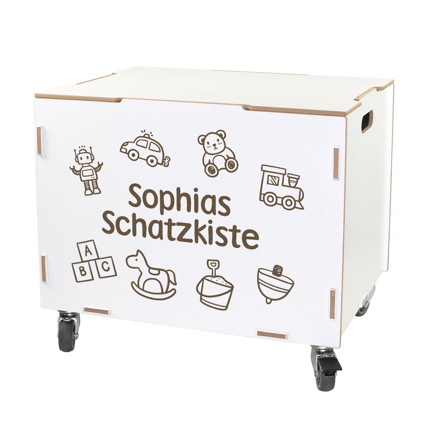 Personalisierte Rollbox aus Holz von clipfritz | Aufbewahrungsbox mit Spielzeugmotiv & Wunschtext
