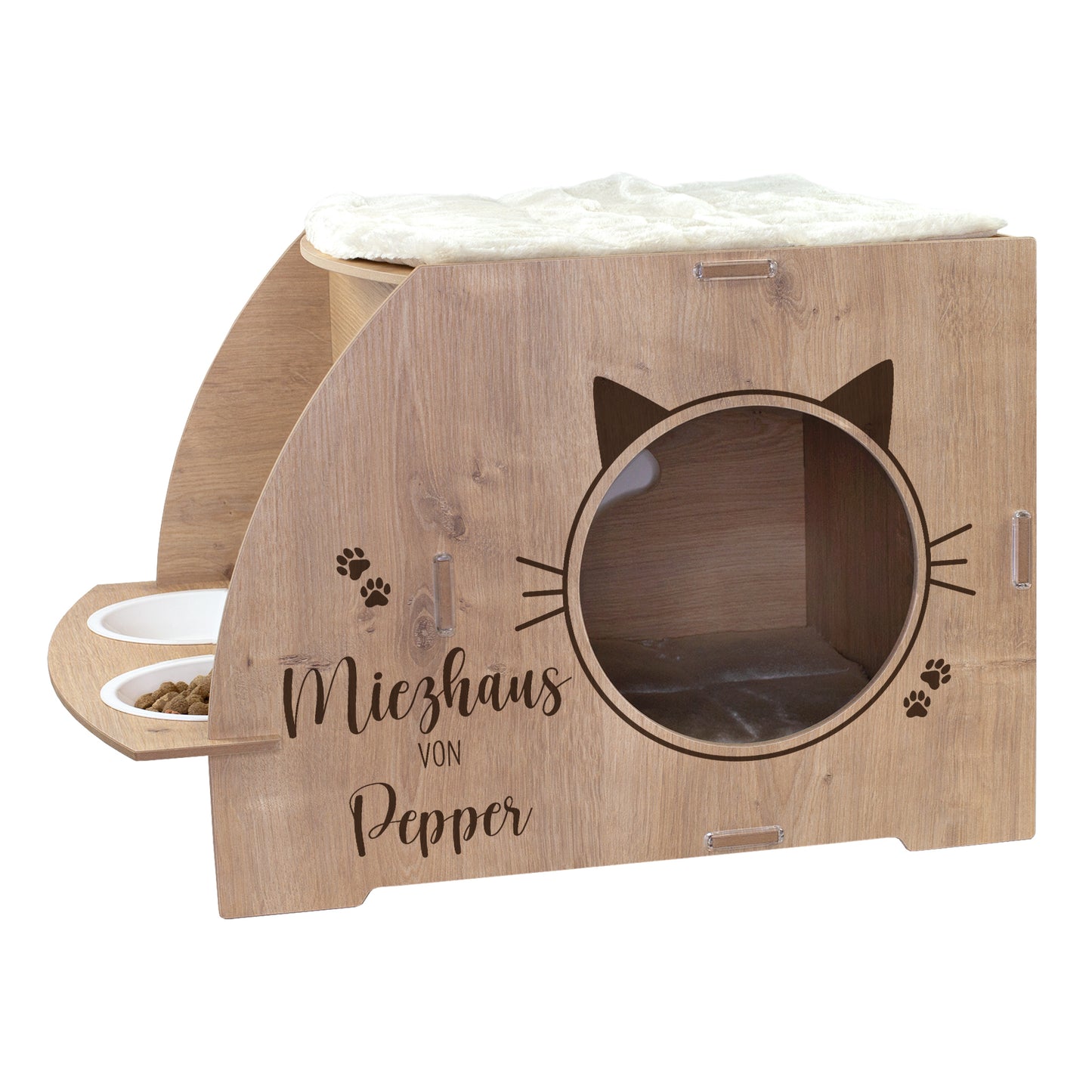 Katzenhaus in Eiche-Optik mit Aufdruck Miezhaus von Pepper, runder Öffnung mit Katzenohren und integrierter Futterstation