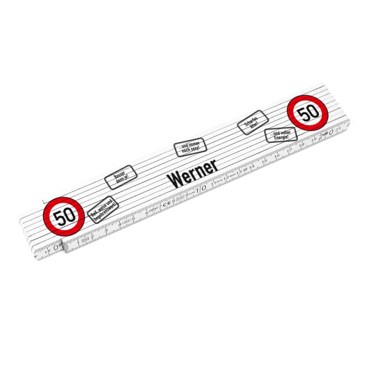 Zollstock als Geschenk zum 50. Geburtstag mit Wunschnamen, Verkehrszeichen und lustigen Sprüchen bedruck