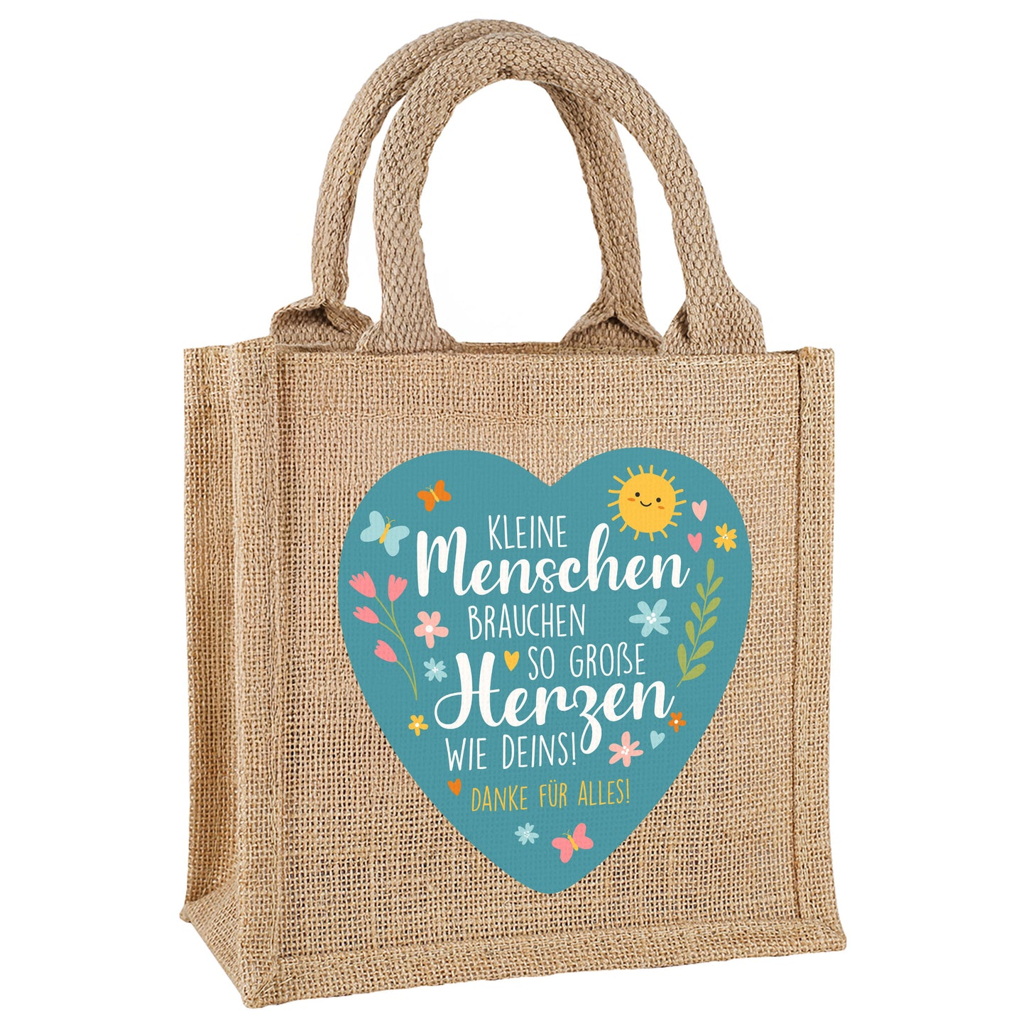 Jute-Geschenktüte als Dankeschön für Erzieher mit Wunschtext und Herz-Motiv