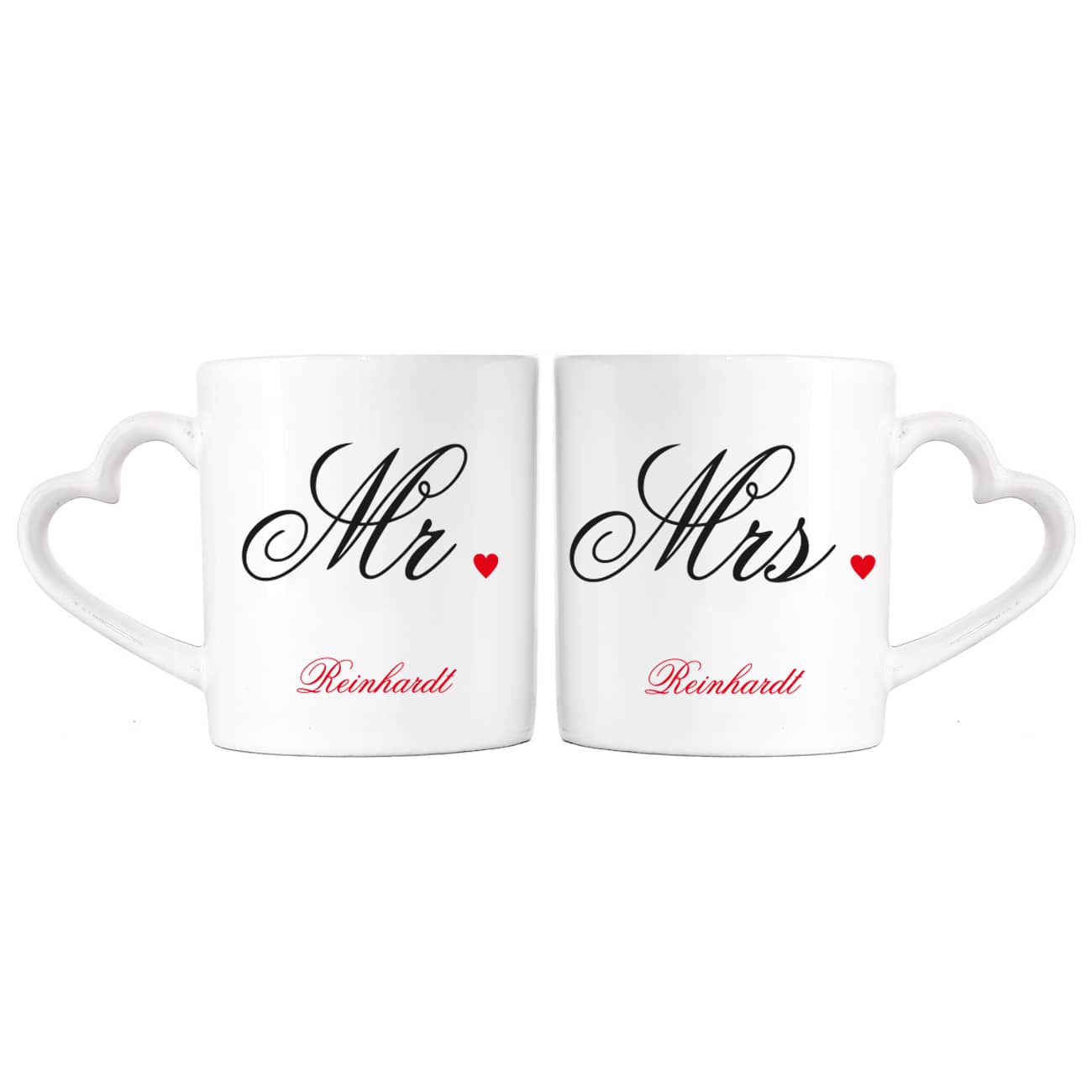 Paartasse mit Mr. und Mrs. Motiv und Herzhenkel