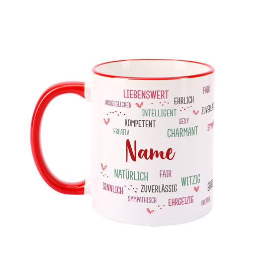 Tasse mit guten Eigenschaften und Name bedruckt