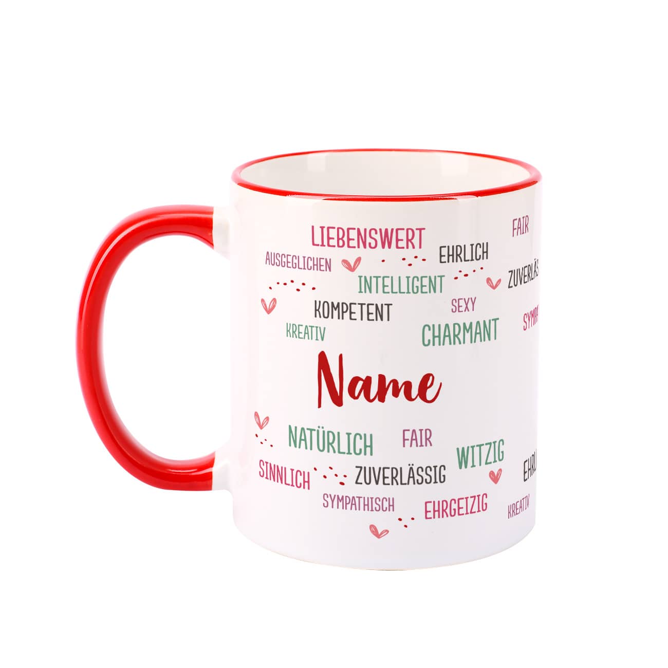 Tasse mit guten Eigenschaften und Name bedruckt
