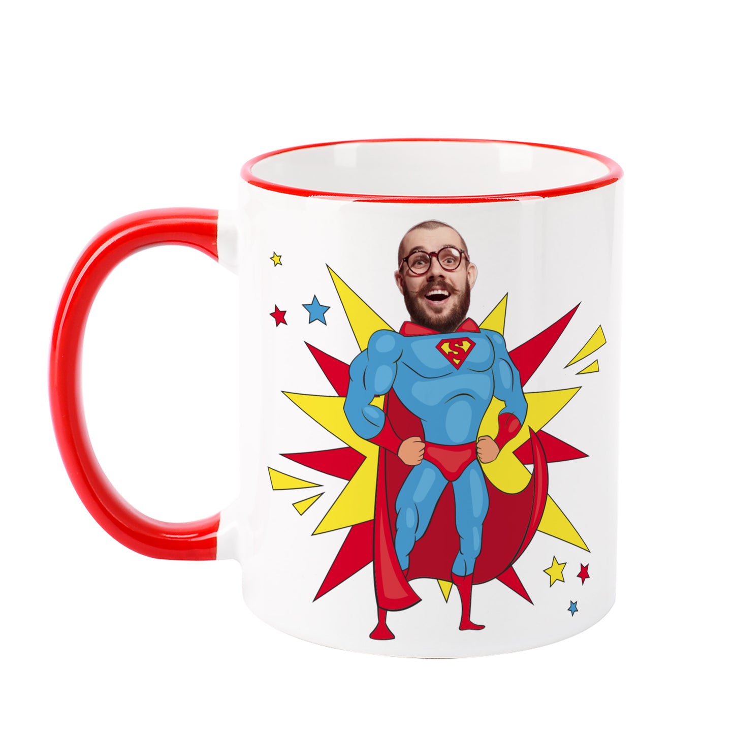 Freisteller der personalisierten Papa Tasse mit Foto im Superhelden-Motiv