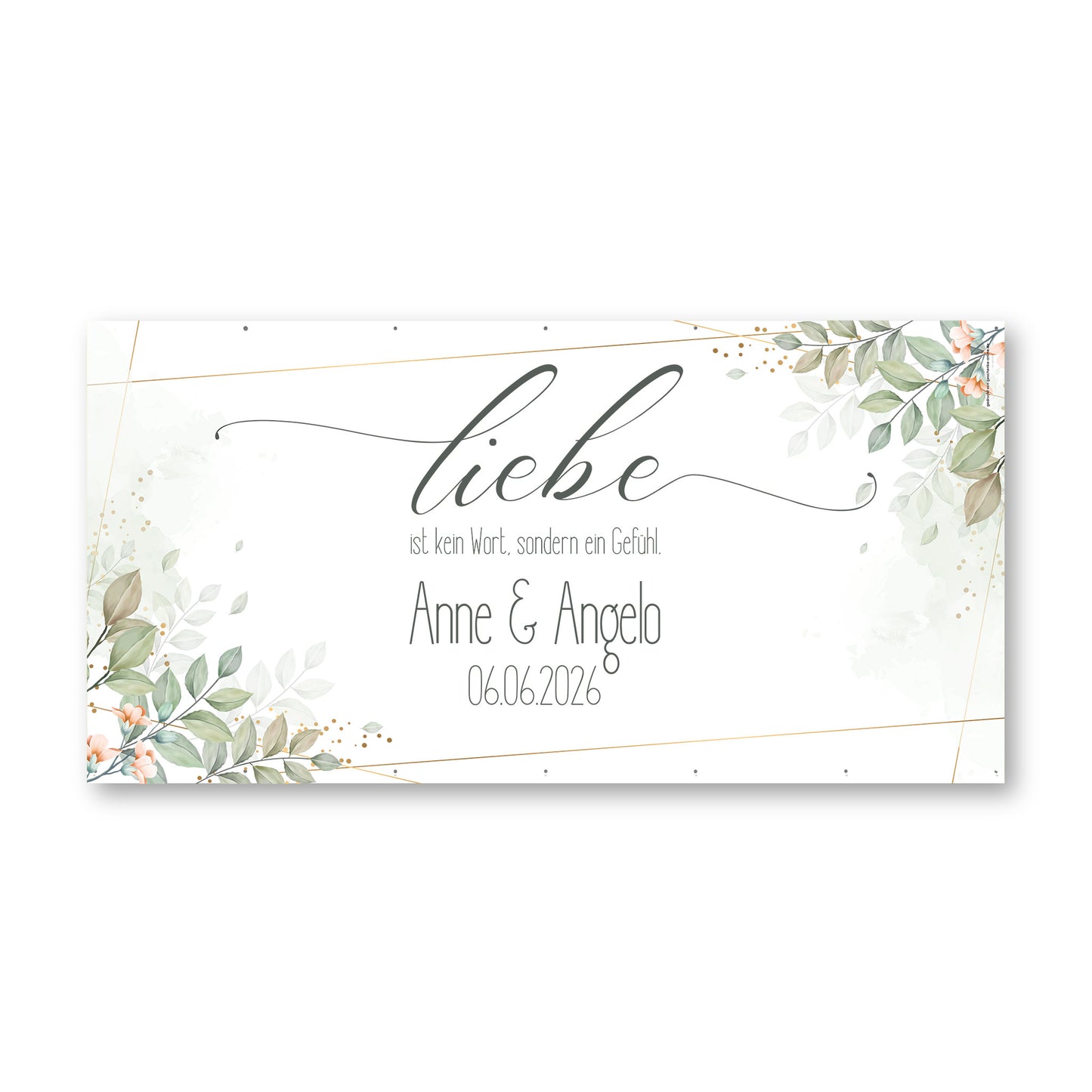 Freigestelltes XXXL Hochzeitsbanner mit Liebe Spruch, Namen und Datum