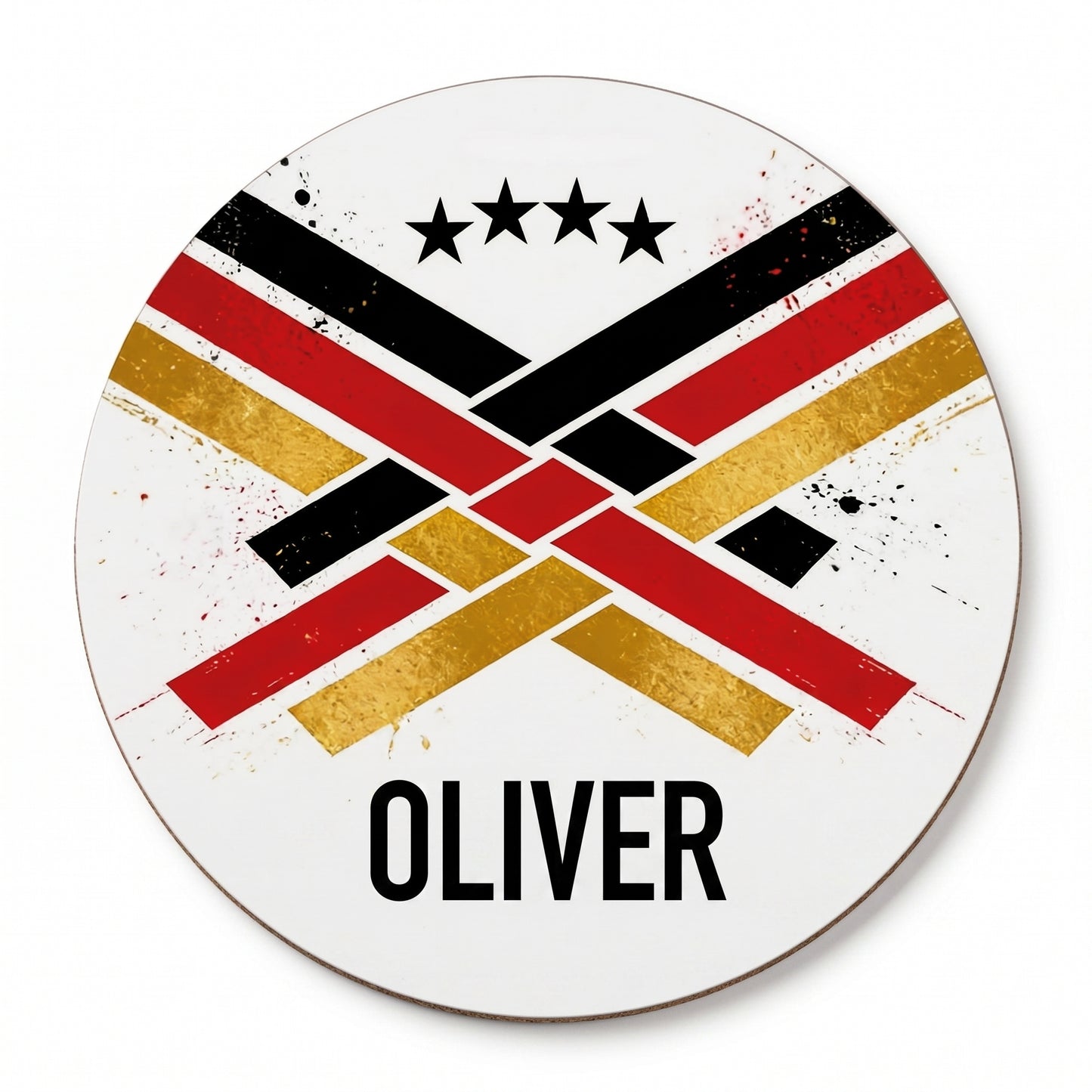 Runder Fußball Untersetzer mit Name Oliver und sportlichem Deutschland Design in Schwarz, Rot und Gold