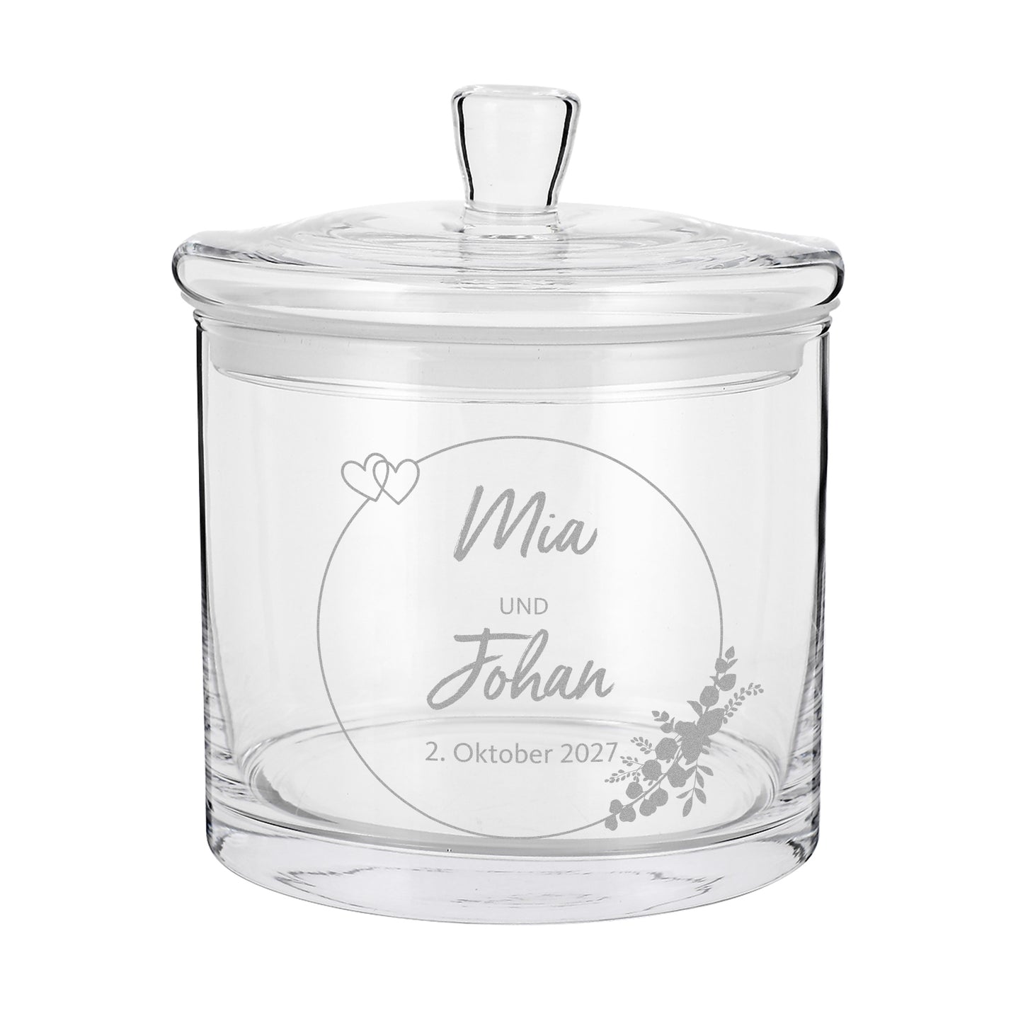 Leere Glasdose mit Gravur von Mia und Johan als personalisiertes Hochzeitsgeschenk