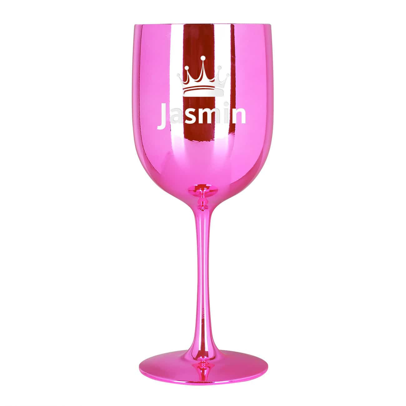 Weinkelch in Pink mit Gravur von Name und Krone